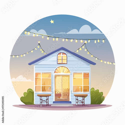 Gemütliches Café mit Lichterkette im Abendlicht