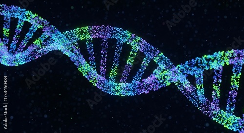 Vibrant, luminous DNA helix composed of sparkling particles glows against a dark, ethereal background with floating dust motes
