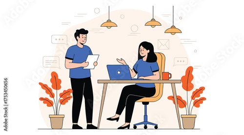 Vector art of two colleagues discussing work in a modern office with plants and decorations