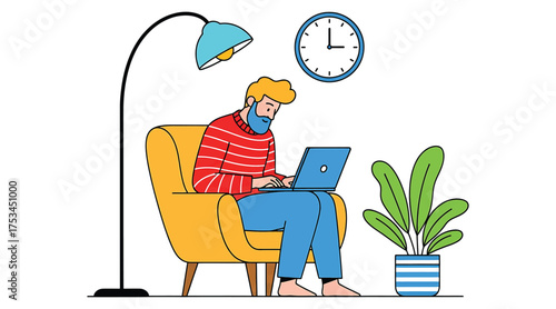 Vector art of a man is sitting in a chair with a laptop, working from home, with a lamp, a clock, and a plant nearby