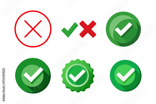 Green Check Mark and Red Cross Icons Depicting Success and Failure in Multiple Styles