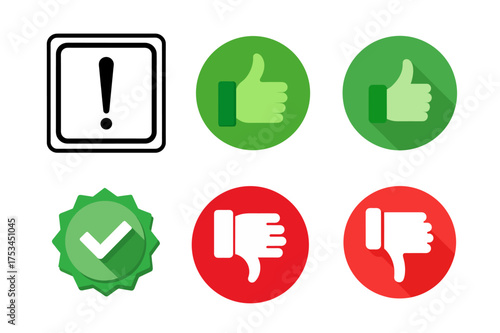 Feedback Icon Set of Thumbs Up Thumbs Down Check Mark and Exclamation Point Symbols for User Experience