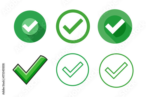 Green Check Mark Icons in Various Styles Approval and Success Representation Diverse Vector Design