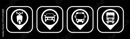 Transportation and Pin icon set illustration vector. Motorcycle, Car, Bus, Truck, with location sign and symbol.