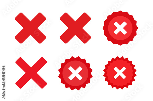 Red Cross Icons Symbolizing Rejection Error and Cancellation in Various Styles for UI UX Design and Web Development Projects