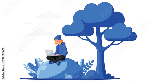 Vector art of a woman is sitting on a rock with a laptop in her lap she is working or studying outdoors, surrounded by nature, with a tree nearby