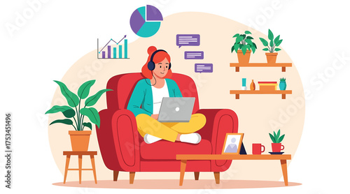 Vector art of a woman is sitting in a chair with a laptop in her lap she is working or studying at home, surrounded by plants and furniture
