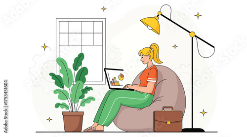 Vector art of a woman is sitting on a beanbag chair and working on her laptop, with a plant and a lamp nearby, she is wearing casual clothes and has her hair up