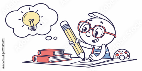 Cartoon creative student writing with pencil inspired by bright idea