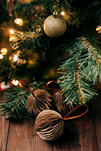 Festive christmas decorations with ornaments and lights