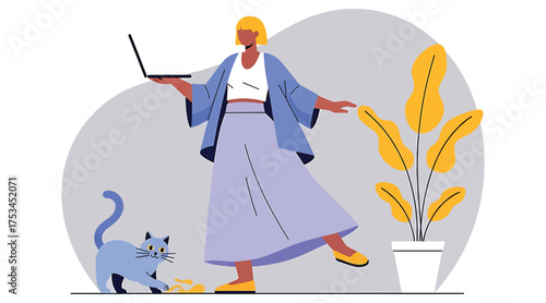 Vector art of a woman is working on a laptop while standing next to a plant, with a cat playing nearby