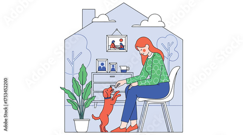 Vector art of a woman is sitting in a chair, playing with her dog, with a plant and a house in the background