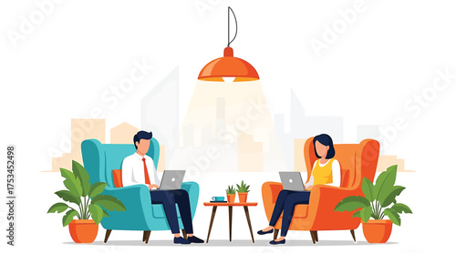 Vector art of a man and a woman are working on their laptops in a modern office, sitting in armchairs with plants and a table between them