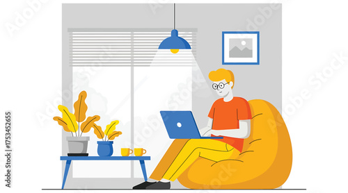 Vector art of man working on laptop sitting on bean bag freelancer working from home home office remote work online education vector illustration
