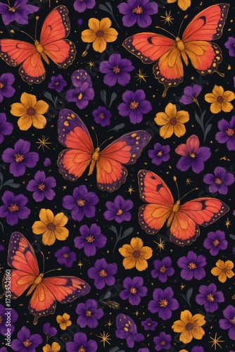 Butterflies and flowers creating a beautiful pattern on dark backdrop. The butterflies have intricate wing patterns with vibrant colors, alongside colorful flowers. 