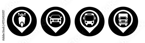 Transportation and Pin icon set illustration vector. Motorcycle, Car, Bus, Truck, with location sign and symbol.