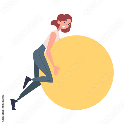 Woman Character Pushing Figure and Big Shape Vector Illustration