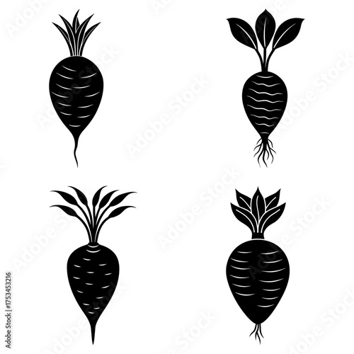 Four stylized beet illustrations with varying leaf and root designs in black and white simple art style