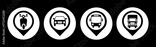 Transportation and Pin icon set illustration vector. Motorcycle, Car, Bus, Truck, with location sign and symbol.