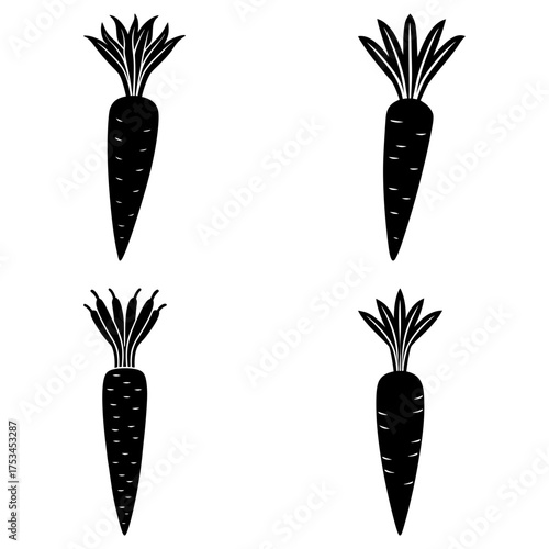 Four black and white carrot illustrations arranged in a two by two symmetrical grid pattern design