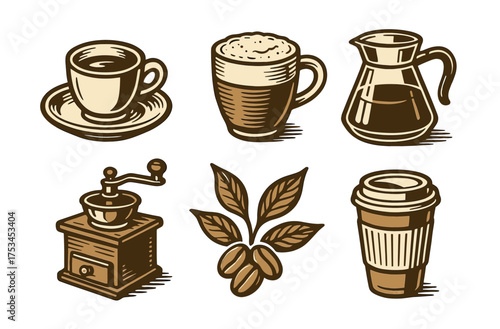 Vintage coffee elements: cups, beans, grinder, and jug illustration in brown tones.Colorful icons set illustrated