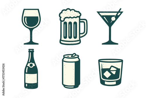 Variety of alcoholic drinks: wine, beer, martini, champagne, soda can, whiskey glass.Colorful icons set illustrated