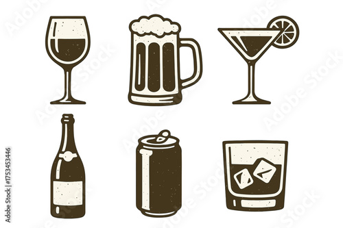 Vintage beverage icons set featuring wine, beer, cocktail, champagne, soda, and whiskey.Colorful icons set illustrated