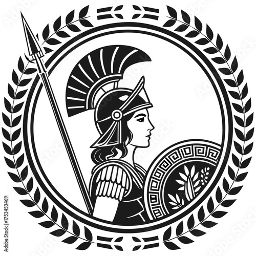 A majestic portrayal of athena the greek goddess of wisdom and warfare rendered in a refined black and white vector design with subtle color accents