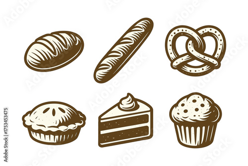 Vintage bakery icons set with bread, pretzel, pie, cake, and cupcake.Colorful icons set illustrated