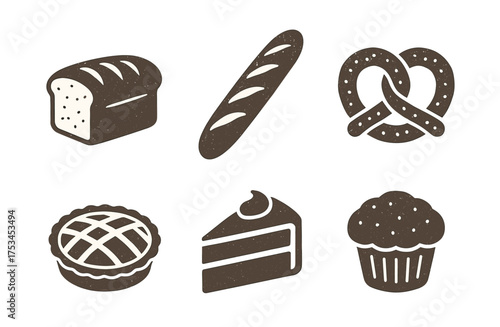 Bread, pretzel, pie, cake, and muffin icons in rustic style on white background.Colorful icons set illustrated