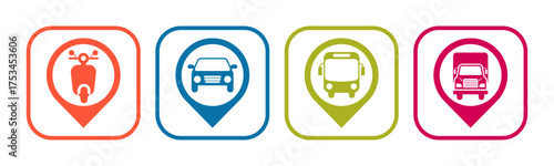 Transportation and Pin icon set illustration vector. Motorcycle, Car, Bus, Truck, with location sign and symbol.
