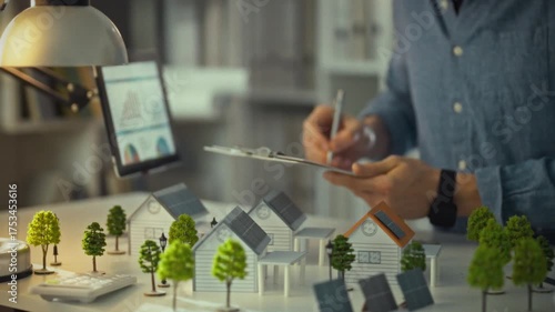 An individual is drawing plans and taking notes while examining a scale model of eco-friendly houses with solar panels. This scene occurs in a well-lit design studio