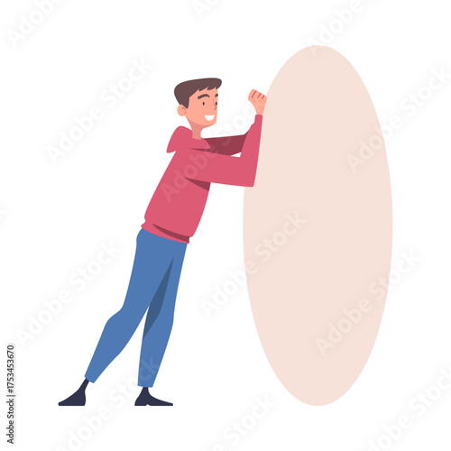 Man Character Pushing Figure and Big Shape Vector Illustration