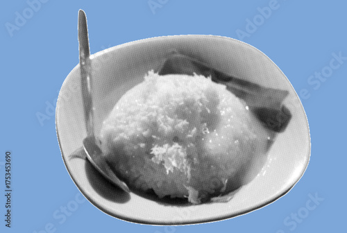close up of a bowl of sticky rice porridge pixelate grayscale color halftone dotted texture style collage element isolated on blue background