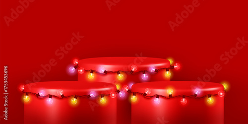 Christmas podium, round scene. Stand for Promotion Product with festive led lights garland. Modern Creative marketing template for new year holiday advertising banner or poster. Vector illustration