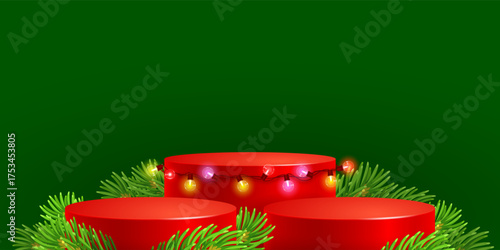 Christmas podium, round stand for Promotion Product with led lights and fir tree branches. Modern Creative marketing template for new year holiday advertising banner or poster. Vector illustration
