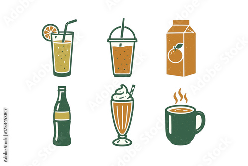 Colorful collection of various beverage icons: juice, coffee, soda, milkshake, and tea.Colorful icons set illustrated