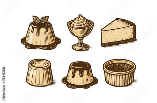 Vintage dessert illustrations: pudding, custard, cheesecake, creme brulee.Colorful icons set illustrated