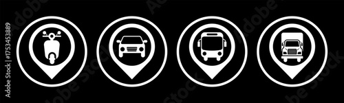 Transportation and Pin icon set illustration vector. Motorcycle, Car, Bus, Truck, with location sign and symbol.