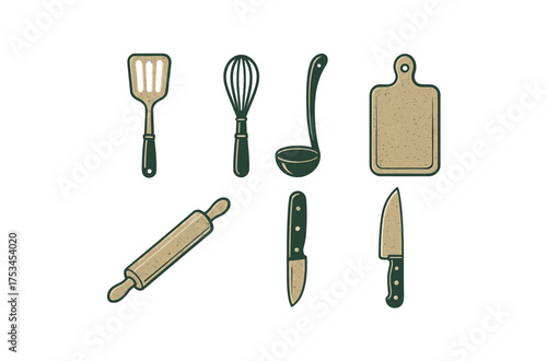 Vintage kitchen utensils: spatula, whisk, ladle, cutting board, rolling pin, knife set.Colorful icons set illustrated