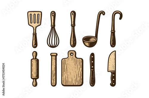 Vintage kitchen utensils collection: spatula, whisk, ladle, cutting board, knife.Colorful icons set illustrated