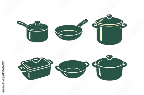 Collection of six green cooking pots and pans in simple illustrative style.Colorful icons set illustrated