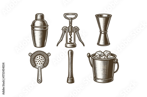 Vintage barware collection: shaker, corkscrew, jigger, and more.Colorful icons set illustrated