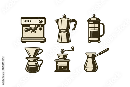 Vintage coffee makers: espresso machine, moka pot, french press, pour-over, grinder, turkish pot.Colorful icons set illustrated