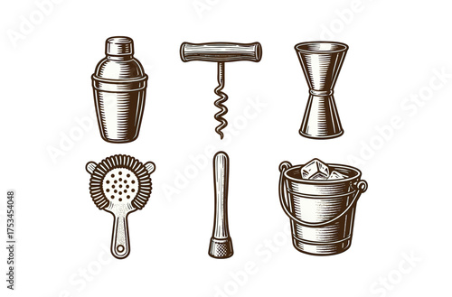 Vintage bar tools collection: shaker, corkscrew, jigger, strainer, muddler, ice bucket illustration.Colorful icons set illustrated