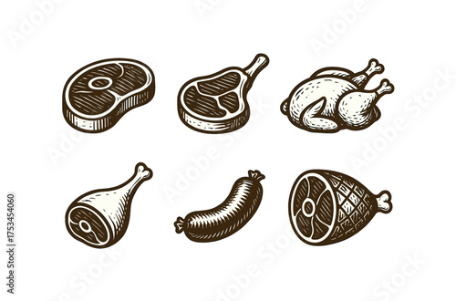 Vintage meat illustration: steak, chicken, and sausage engravings.Colorful icons set illustrated