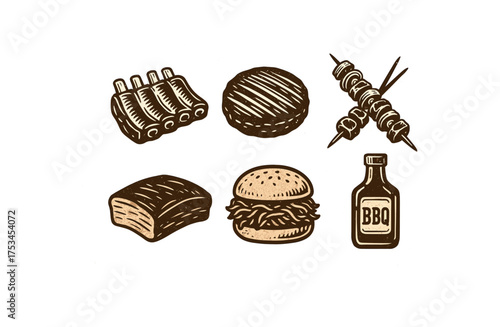 Vintage bbq food illustrations: ribs, burger, kebab, sauce, steak, pork.Colorful icons set illustrated
