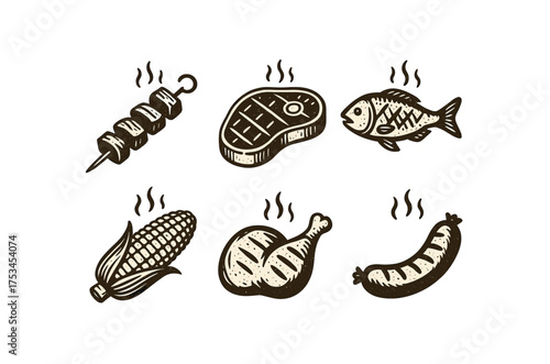 Grilled food icons: steak, fish, chicken, sausage, corn, kebab.Colorful icons set illustrated