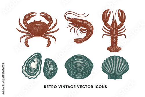 Vintage seafood icons: crab, shrimp, lobster, oyster, and shellfish illustrations.Colorful icons set illustrated