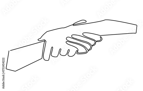 Continuous one line of three human hands holding each other, People unite their hands together continuous line drawing isolated background for Teamwork concept.